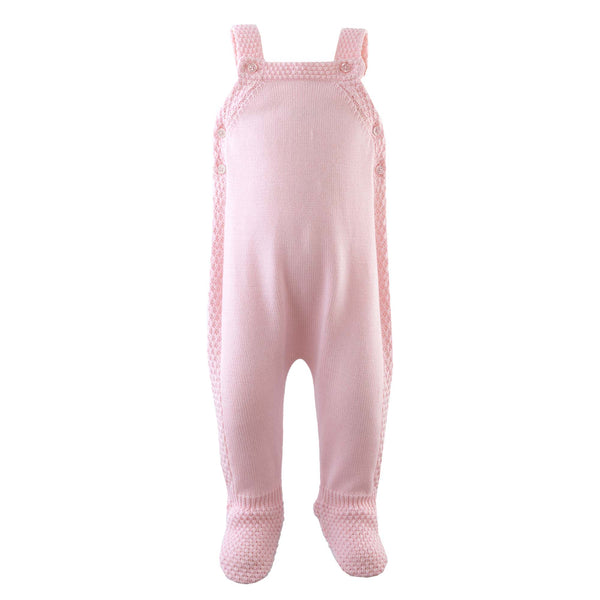 Powder pink moss stitch knitted romper with adjustable straps and both sides button opening.