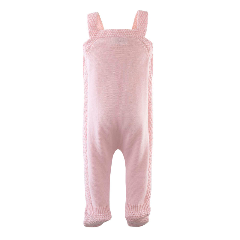 Powder pink moss stitch knitted romper with adjustable straps and both sides button opening.