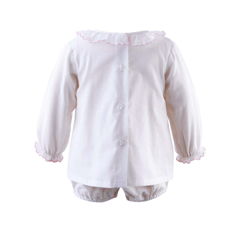 Pink trim frill collar blouse with jersey body underneath and long sleeves.