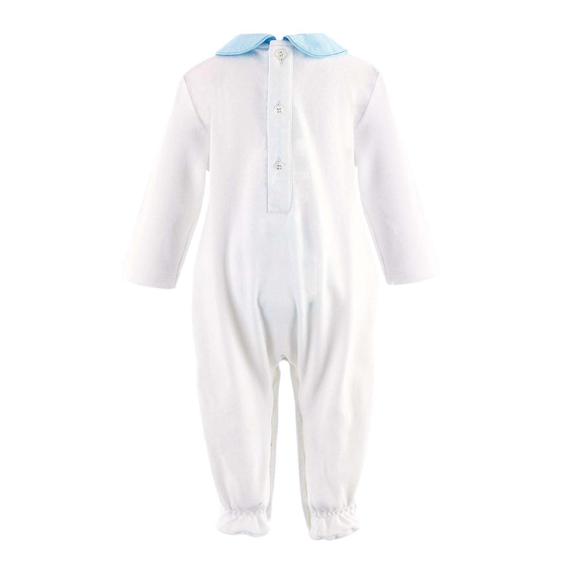 Soft ivory babygro with blue smocked design at the chest and blue peter pan collar