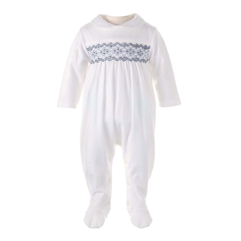Soft ivory babygro with grey smocked design at the chest and ivory peter pan collar