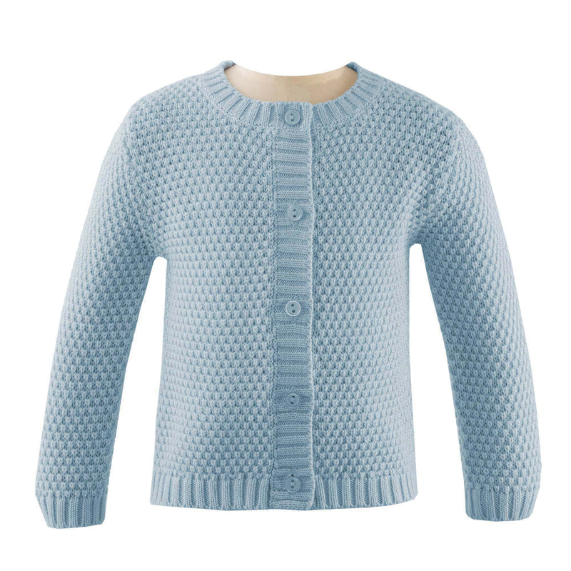 Babies blue moss stitch knitted, round neck cardigan.