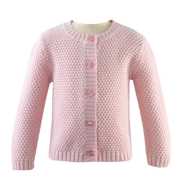 Babies pink moss stitch knitted, round neck cardigan.