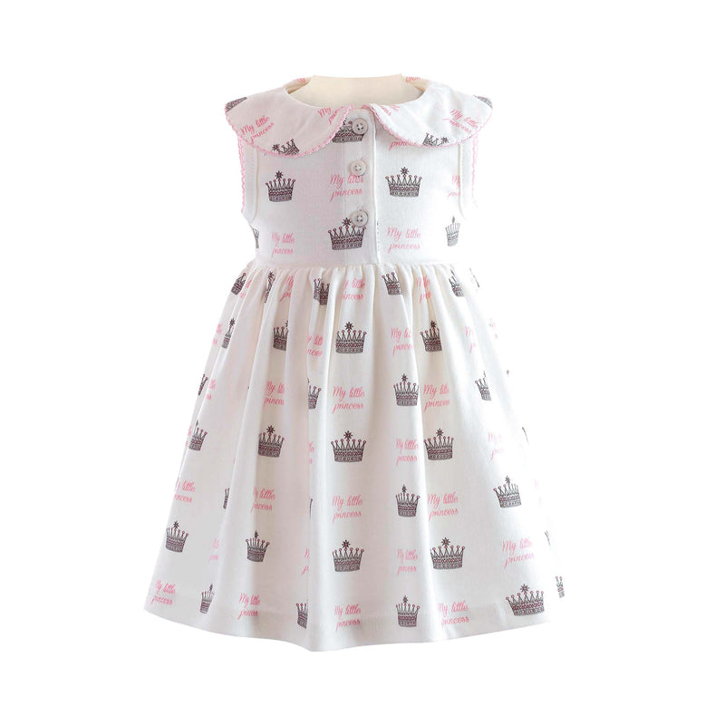 Babies ivory jersey dress with My Little princess crown print and pink picot trimmed peter pan collar