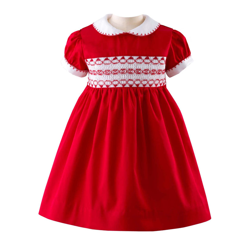 Babies red smocked dress with ivory peter pan collar and short puff sleeves.