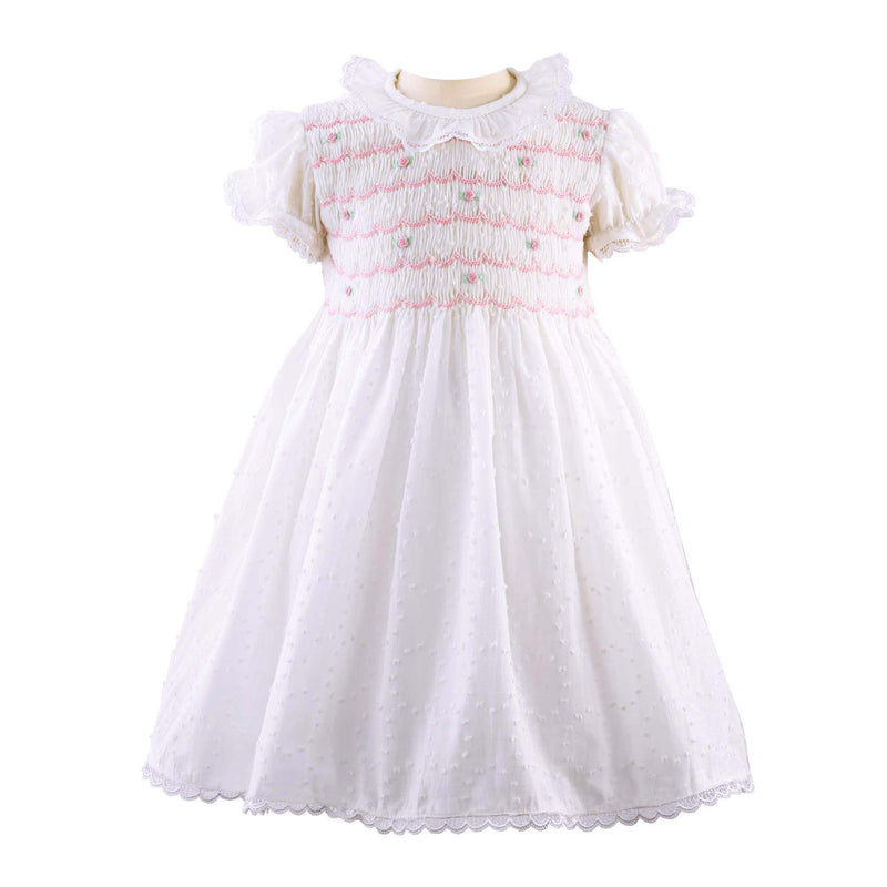 Babies ivory dress with smocked bodice, gathered neck frill and lace trims