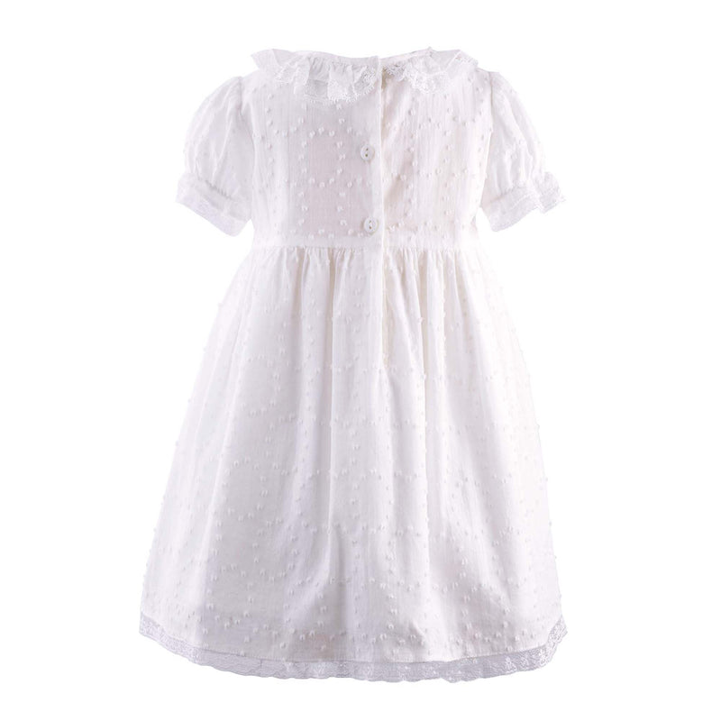 Babies ivory dress with smocked bodice, gathered neck frill and lace trims