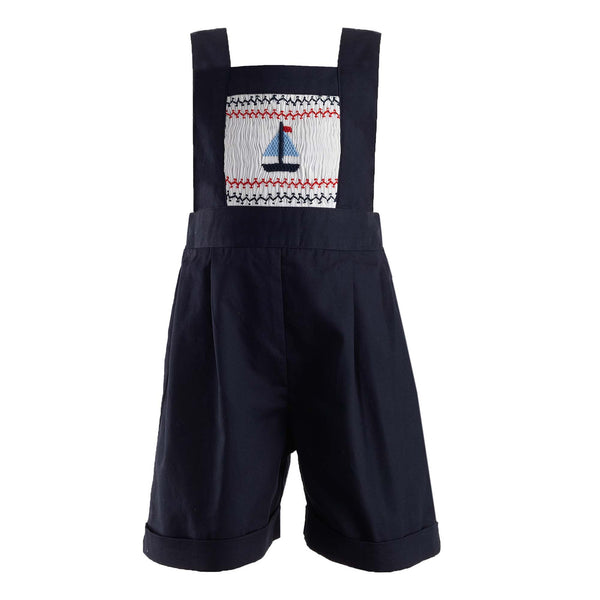 Baby boy navy tailored dungarees with sailboat smocked design on the front panel and turn ups.