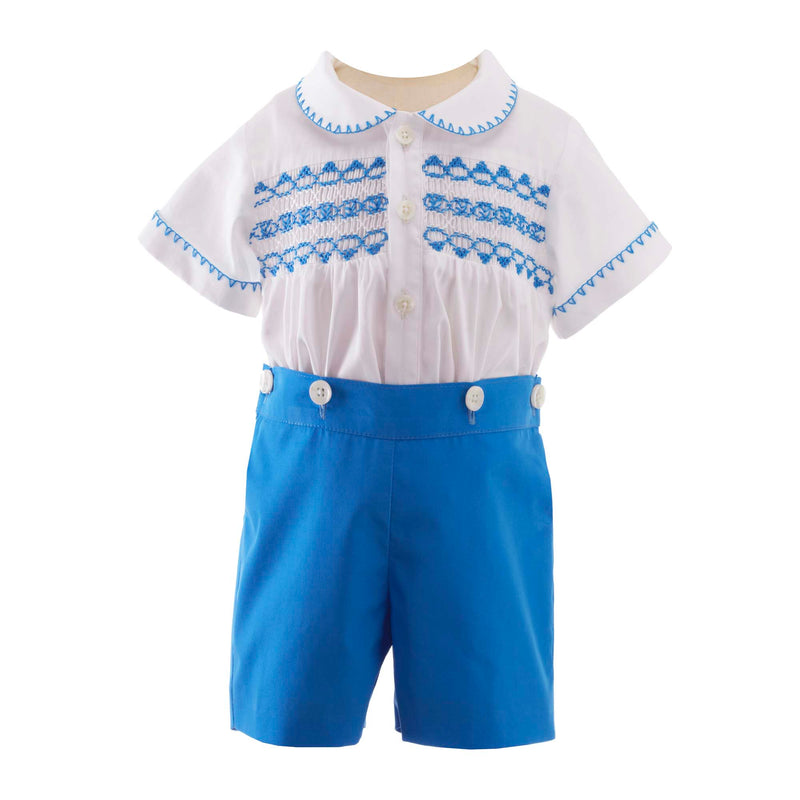 Boys blue smocked, short sleeved shirt and matching blue button on short set