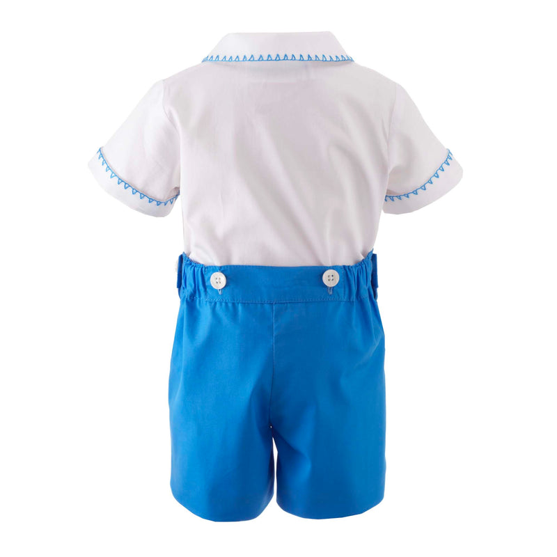Boys blue smocked, short sleeved shirt and matching blue button on short set