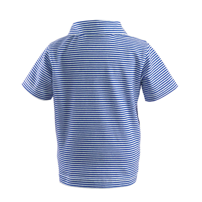 Baby boy short sleeved jersey polo shirt with narrow blue and ivory stripe