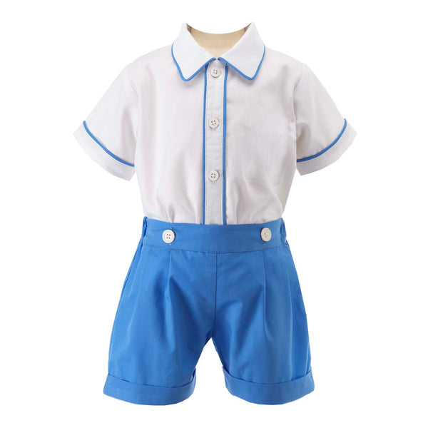 Baby boy set of white shirt with blue piping and matching blue turn up shirts, attached with buttons