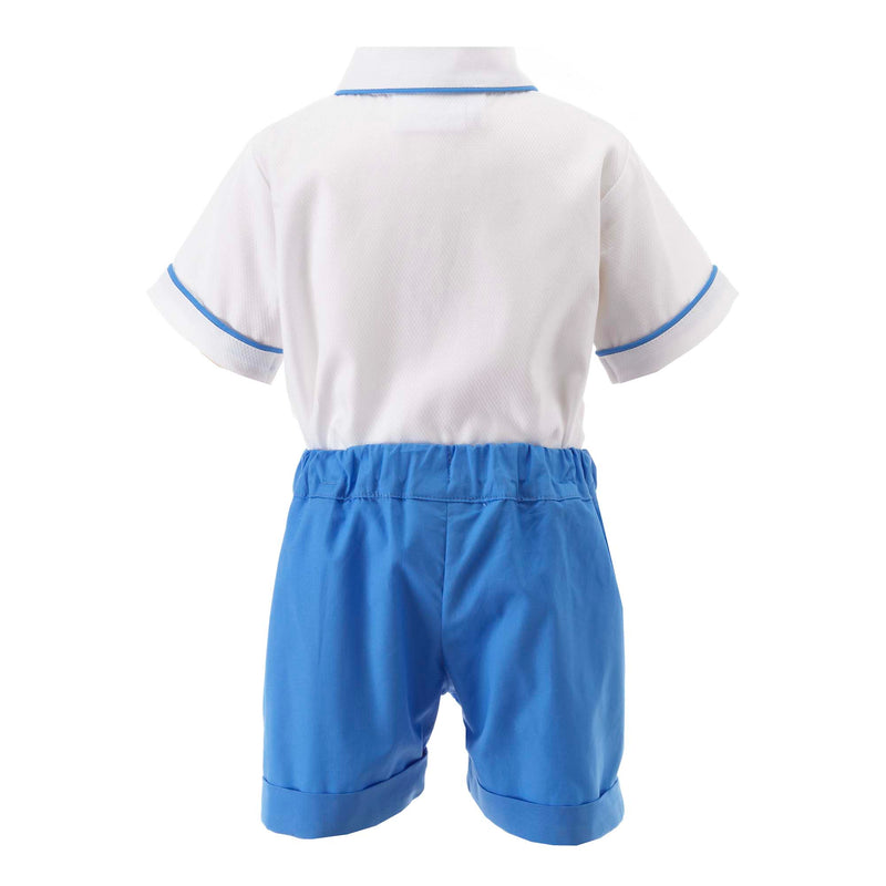 Baby boy set of white shirt with blue piping and matching blue turn up shirts, attached with buttons