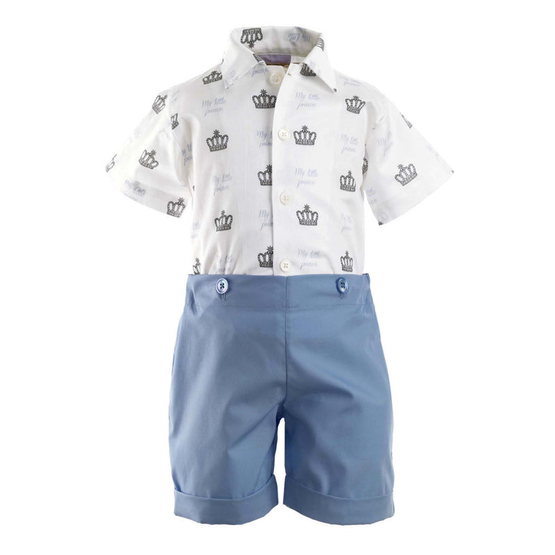 Boys white shirt with My Little Prince print and blue turn up shorts set.