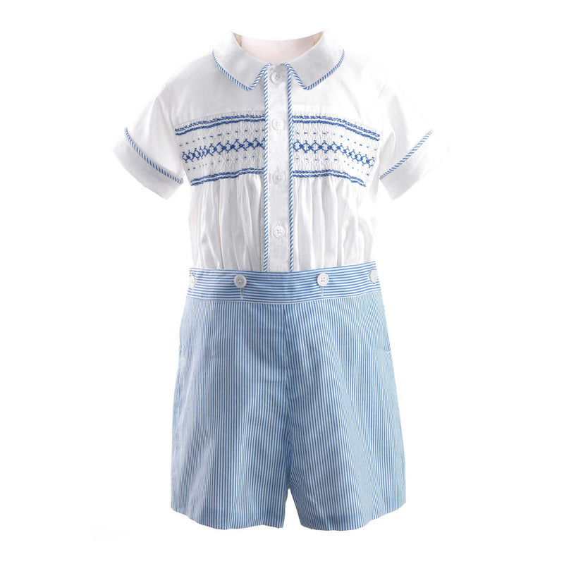 Boys blue smocked, short sleeved shirt and matching blue striped button on short set