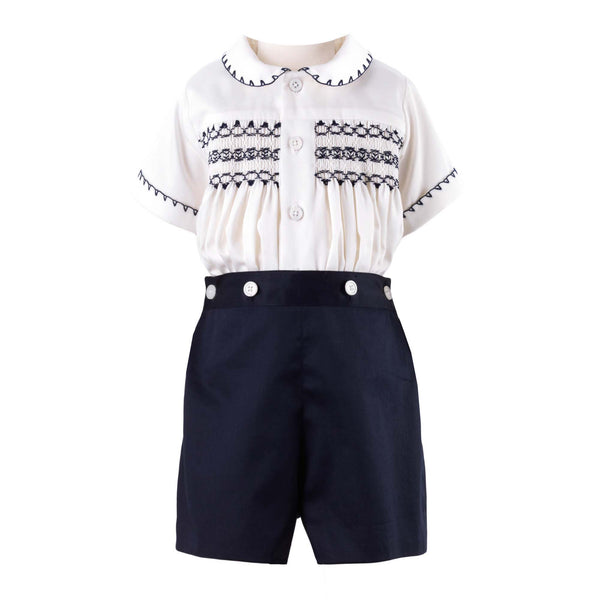 Boys navy smocked, short sleeved shirt and matching navy button on short set