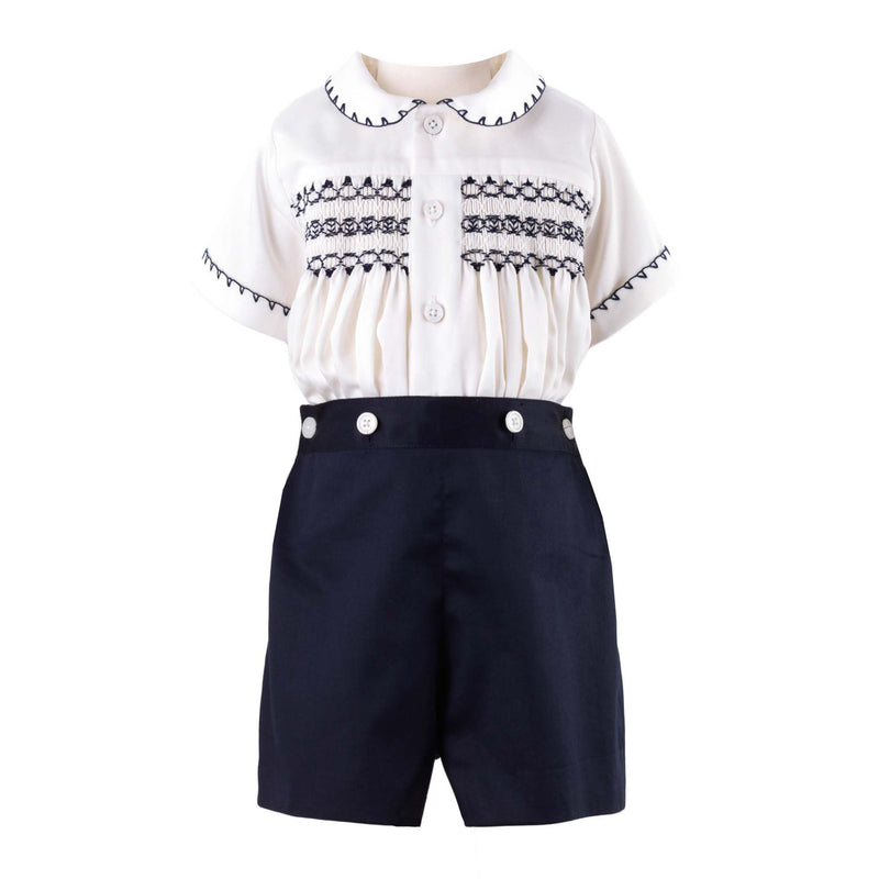 Boys navy smocked, short sleeved shirt and matching navy button on short set