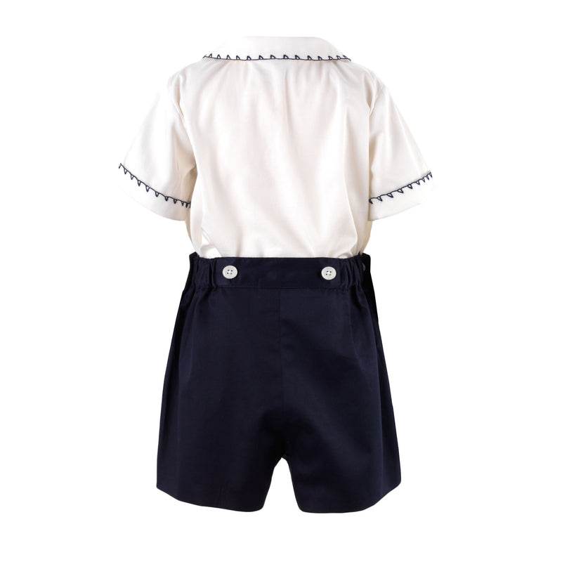 Boys navy smocked, short sleeved shirt and matching navy button on short set