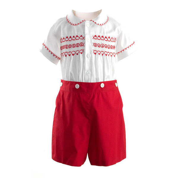 Boys red smocked, short sleeved shirt and matching red button on short set
