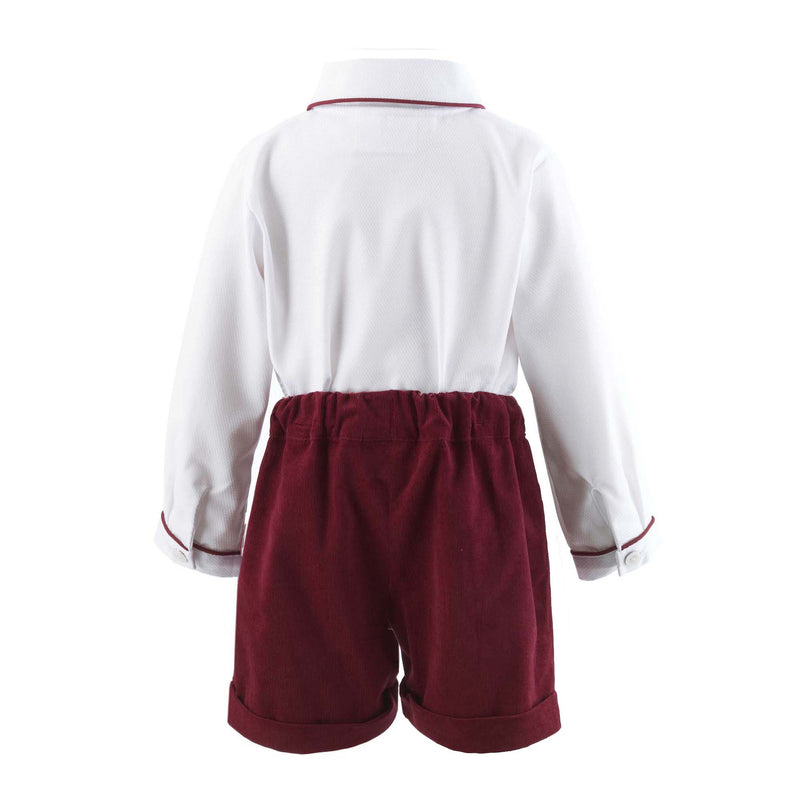 Baby set comprising of a classic white shirt with burgundy piping detail and burgundy babycord turn up shorts.