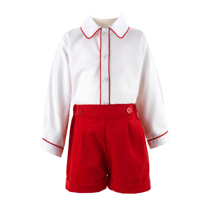 Baby set comprising of a classic white shirt with red piping detail and red babycord turnup shorts.