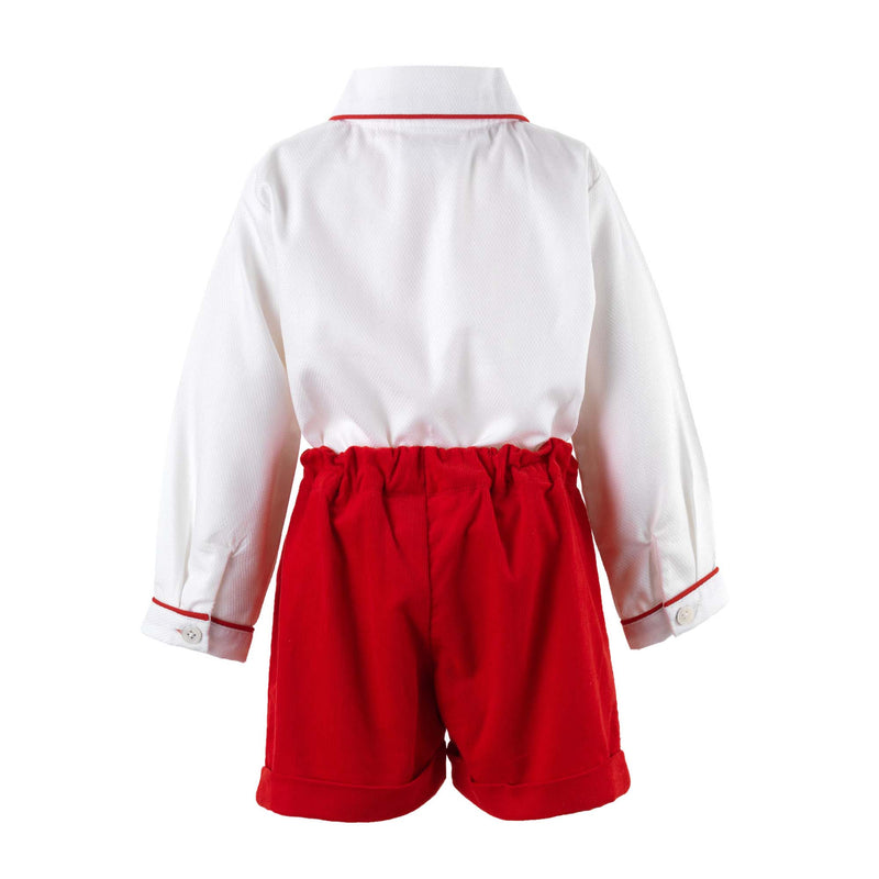 Baby set comprising of a classic white shirt with red piping detail and red babycord turnup shorts.