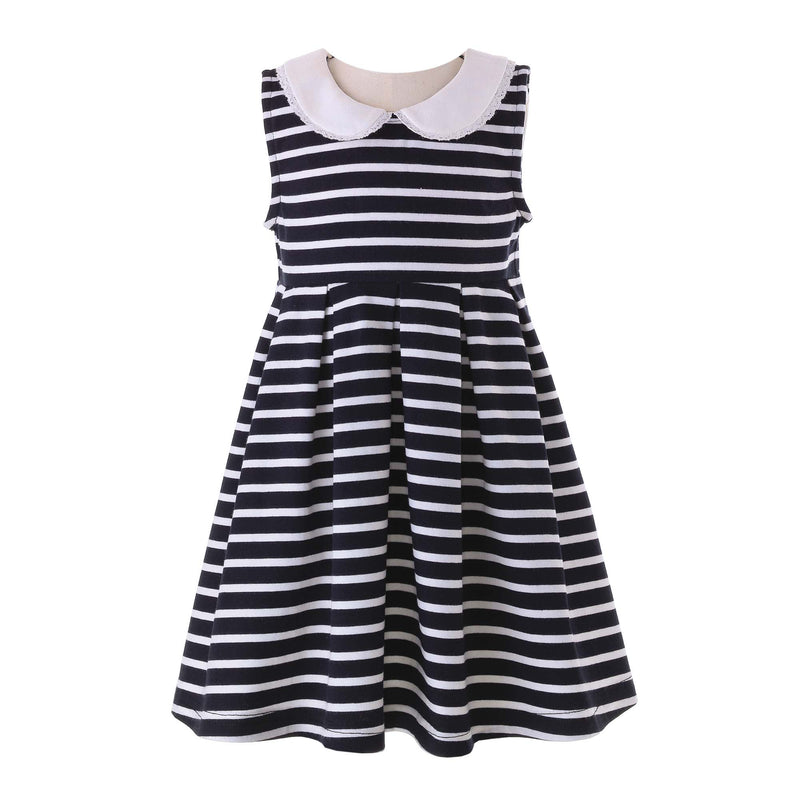 Babies jersey navy and white breton stripe dress, sleeveless with ivory peter pan collar.