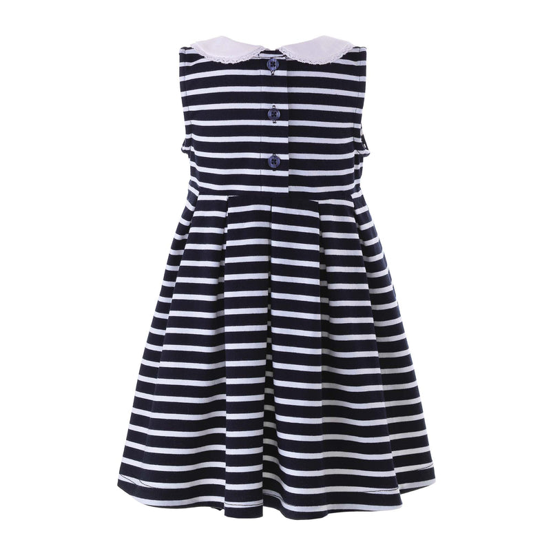 Babies jersey navy and white breton stripe dress, sleeveless with ivory peter pan collar.