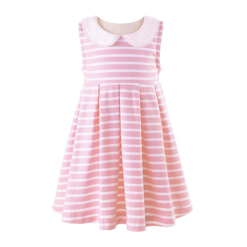 Babies jersey pink and white breton stripe dress, sleeveless with ivory peter pan collar.