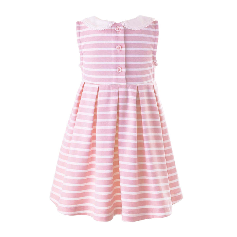 Babies jersey pink and white breton stripe dress, sleeveless with ivory peter pan collar.