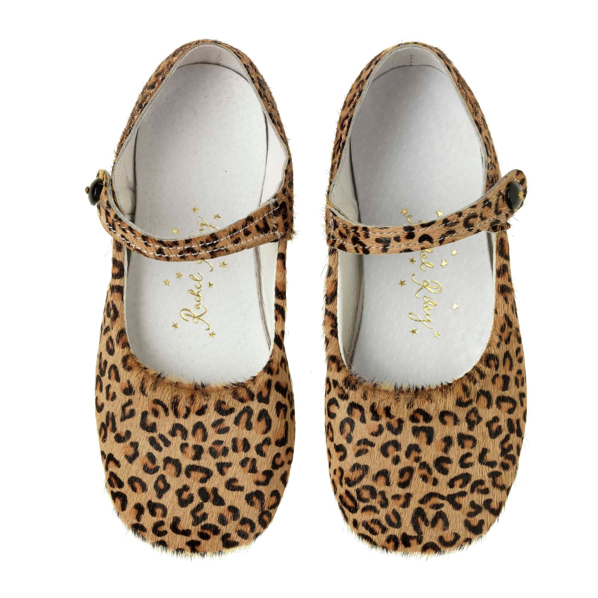 Rachel Riley Platform Shoes Button Strap Slippers, Leopard Pony Leather