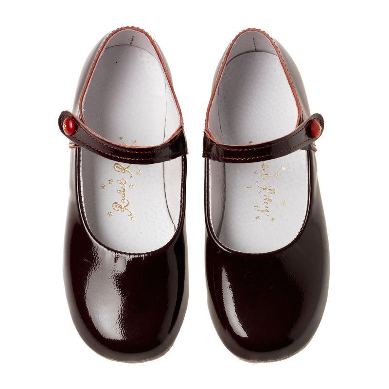 Button Strap Slippers, Burgundy Patent