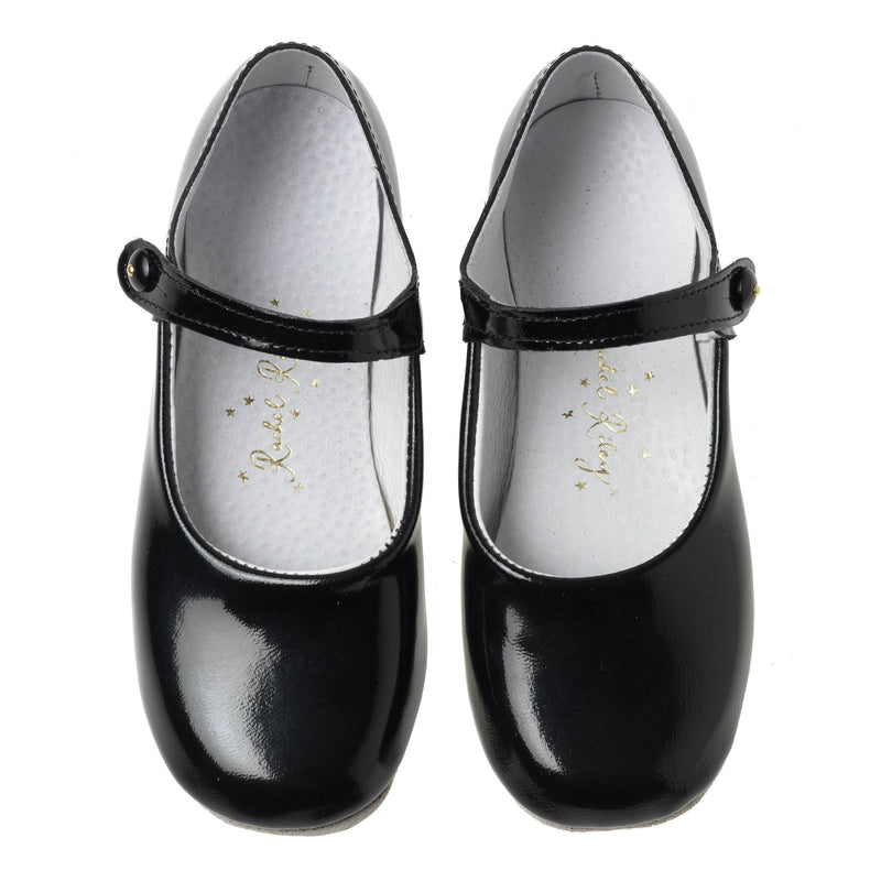Button Strap Slippers, Black Patent