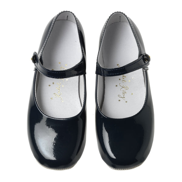 Button Strap Slippers, Navy Patent